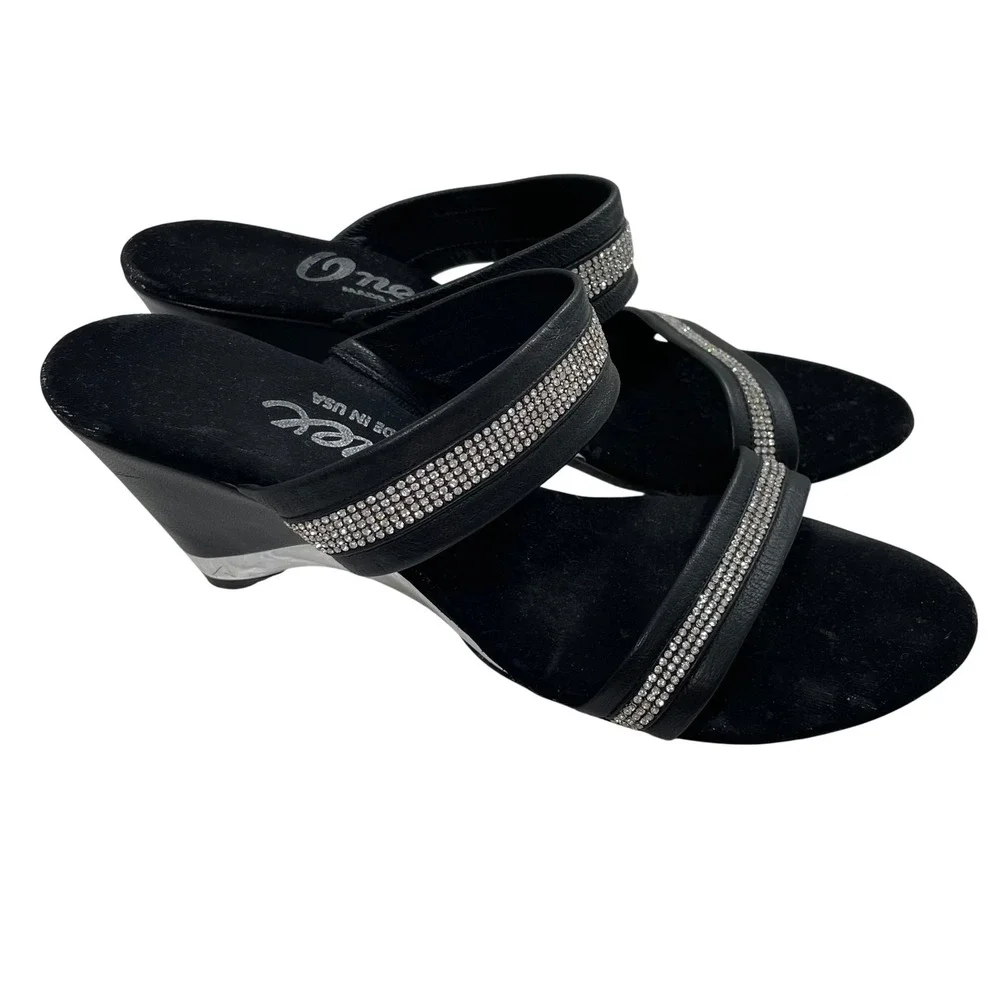 Onex Black Rhinestone Wedge Sandals Silver Chrome Heel Slide Made in Italy 40 10